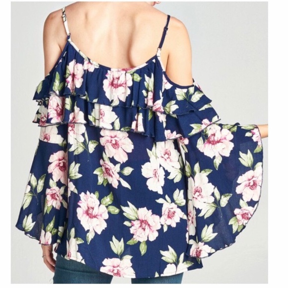 🟢 Cold Shoulder Bell Sleeve Floral Spaghetti Strap Ruffle Top - Picture 6 of 10